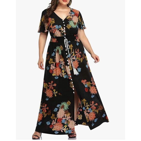 NEW Floral Button Up Short Sleeve Split Flowy Beach Maxi Dress 22 - Picture 1 of 5